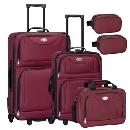Sada textilních kufrů 5 kusů se 2 kufry, taškou přes rameno a 2 kosmetickými taškami - bordeaux